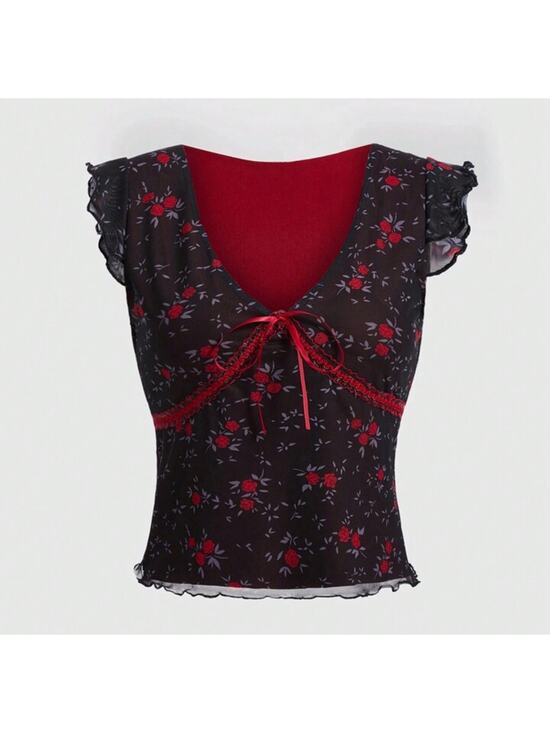 spunky Sweaters - ROMWE Goth Ditsy Floral Print fairy grunge Bow Trim sheer Mesh whimsigoth Top XL